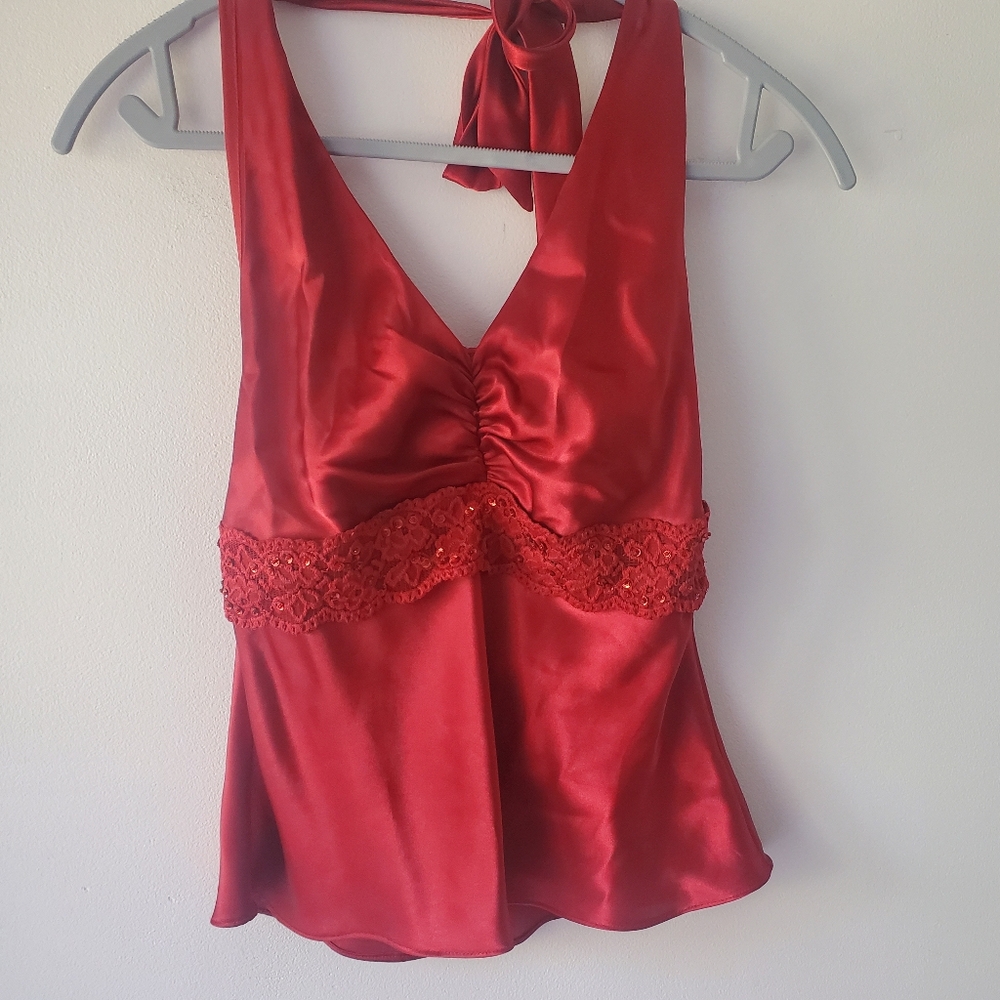 Karina Nites VTG Y2K Red Satin Halter Neck Top Lace&Sequin Detail Sz M Feminine